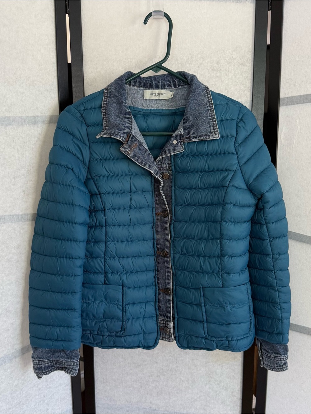 Melya Melody Paris Puffer Jacket Denim Trim Teal Quilted Layered Look Women's M